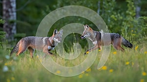 Curious Foxes at Play in Forest Meadow