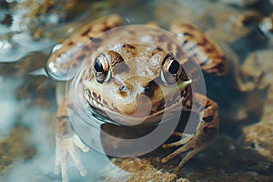 Curious frog resting in a pond looking at camera