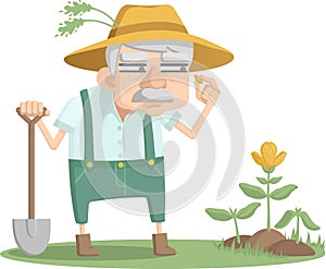 The curious gardener at work. An old man is looking over his garden