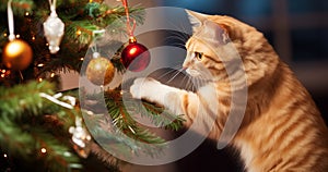 Curious ginger cat exploring shiny baubles on a decorated Christmas tree in a living room