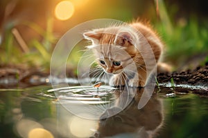 Curious ginger kitten observing a fish in a pond, with a reflection in the water and a warm sunset backdrop.