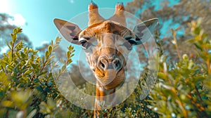 Curious giraffe peeking through greenery in a serene setting. close-up of giraffe's face in nature. AI