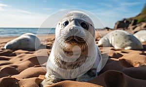 Curious grey seal pup resting on a pebble beach with the ocean in the background embodying wildlife innocence