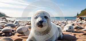 Curious grey seal pup resting on a pebble beach with the ocean in the background embodying wildlife innocence