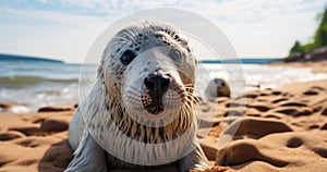 Curious grey seal pup resting on a pebble beach with the ocean in the background embodying wildlife innocence