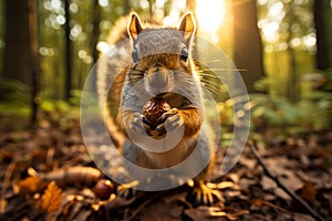 Curious Grey Squirrel with Acorn in Lush Green Park