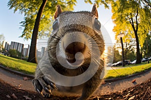 Curious Grey Squirrel with Acorn in Lush Green Park