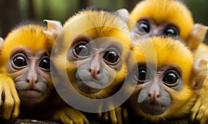 Curious Group of Squirrel Monkeys Gazing Intently Vivid Yellow Fur Expressive Faces Close-up Portrait