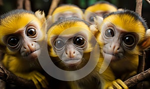 Curious Group of Squirrel Monkeys Gazing Intently Vivid Yellow Fur Expressive Faces Close-up Portrait