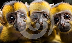 Curious Group of Squirrel Monkeys Gazing Intently Vivid Yellow Fur Expressive Faces Close-up Portrait