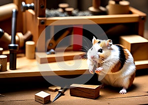 Curious hamster in a carpentry workshop. Generative AI