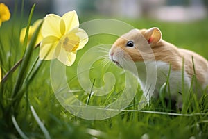 curious hamster exploring a daffodil in the grass