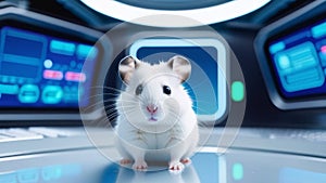 A curious hamster at the helm of a futuristic spacecraft dashboard