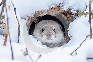Curious hamster looks out from snow hiding place