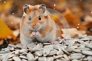 Curious hamster munching on sunflower seeds from a pile, A curious hamster investigating a pile of sunflower seeds