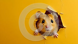 Curious Hamster Poking Head Through Yellow Paper Tear. Cute Pet Photo Concept, Perfect for Animal Themes. Adorable