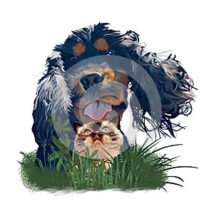 A curious and happy dog licks a cat in the bushes. Illustration isolated on white background.