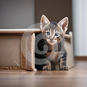 A curious kitten with big ears, peeking out from under a couch with wide eyes1