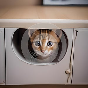 A curious kitten with big ears, peeking out from under a couch with wide eyes3