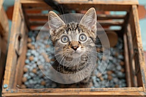 Curious kitten with captivating blue eyes in a crate.