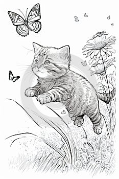 Curious kitten chasing a butterfly, line art for coloring book, crisp lines on white background, AI generative