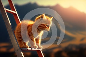 Curious kitten climbing the ladder in the mountains. Cute tiny cat on the stairway. Generated AI.