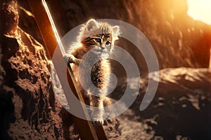 Curious kitten climbing the ladder in the mountains. Cute tiny cat on the stairway. Generated AI.