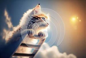 Curious kitten climbing the ladder to the sky with clouds. Cute tiny cat on the stairway. Generated AI.