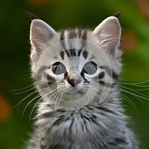 Curious kitten gazes with blurred background