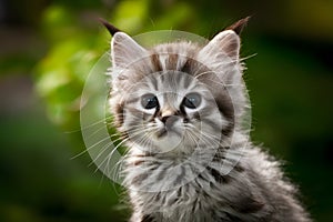 Curious kitten gazes with blurred background
