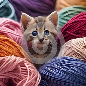 A curious kitten peeking out from behind a pile of colorful yarn2