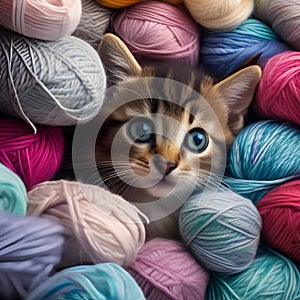 A curious kitten peeking out from behind a pile of colorful yarn3