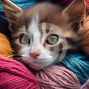 A curious kitten peeking out from behind a pile of colorful yarn4