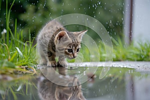 curious kitten, peering at a puddle forming in the yard, rain falling