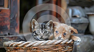 A curious kitten and a playful dog snuggle together in a cozy basket, framed against a welcoming house entrance