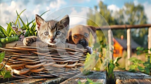 A curious kitten and a playful puppy sit together in a cozy basket, looking out with wonder by the houses entrance