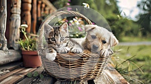 A curious kitten and playful puppy sit together in a cozy basket near a cozy home entrance, their eyes full of wonder