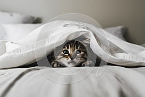 A curious kitten playfully peeks out from under a cozy white blanket, exuding warmth and innocence