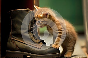 curious kitten sniffing the inside of a boot