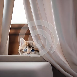 A curious kitten with wide eyes, peeking out from behind a curtain3