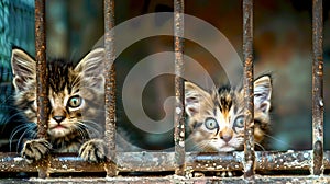 Curious Kittens Peering Through Rustic Bars, Expressing Wonder. Captured in Natural Light, Perfect for Animal Themes. AI