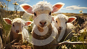 curious lambs looking at the camera in spring. generative ai