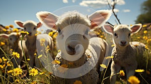 curious lambs looking at the camera in spring. generative ai