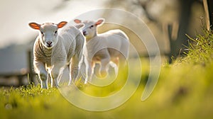 curious lambs looking at the camera in spring. Generative Ai