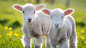 curious lambs looking at the camera in spring. Generative Ai
