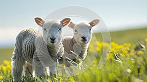 curious lambs looking at the camera in spring. Generative Ai