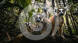 Curious lemur family in madagascar rainforest, wide angle strobe photography capturing exploration