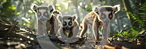 Curious lemurs in madagascar rainforest, detailed portrait with expressive faces and striped tails