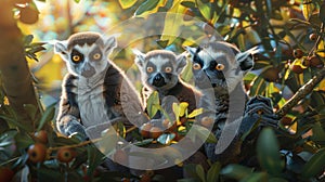 Curious lemurs in madagascar rainforest, detailed portrait with expressive faces and striped tails