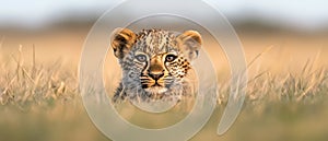 Curious leopard cub in tall grass